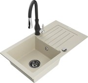Mexen Pablo zlewozmywak granitowy 1-komorowy z ociekaczem i baterią kuchenną Savita, beżowy - 6510-69-672601-70