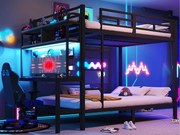 Łóżko piętrowe 140x200 cm - z przegródkami do przechowywania - z biurkiem - z oświetleniem LED - z portem USB - czarny​ (materac nie jest wliczony w cenę)