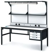 Alfa 3 Antystatyczny stół warsztatowy ESD, panel perforowany, półka, oświetlenie, 3 skrzynki szufladowe na narzędzia, 1800 x 800 x 745-985 mm