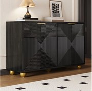 Czarna komoda z 4 fakturowanymi drzwiami, regulowanymi półkami wewnętrznymi i złotymi kulistymi nogami