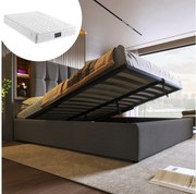 Łóżko 160x200 cm z pojemnikiem na pościel - z zagłówkiem i schowkiem, USB, typ C, stelaż - szare - materac nie jest wliczony w cenę