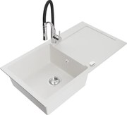 Mexen Leo zlewozmywak granitowy 1-komorowy z ociekaczem i baterią kuchenną Aster, biały - 6501-20-73450-07