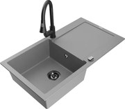 Mexen Leo zlewozmywak granitowy 1-komorowy z ociekaczem i baterią kuchenną Elia, szary - 6501-71-670101-70-B