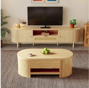 Zestaw stolik pod TV + regulowany stolik kawowy - nowoczesny design - z szufladami + drzwiami - MDF - naturalny