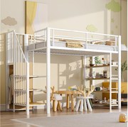 Łóżko piętrowe dla dzieci - 90 x 200 - ze schodami + schowkiem + półkami - MDF + metal - białe