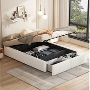 Łóżko tapicerowane ze schowkiem - 140 x 200 cm - z 2 szufladami i bez wezgłowia - Len + MDF - szare