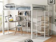 Łóżko mezzanine 140x200 cm - stalowa rama - z biurkiem i półkami - Białe