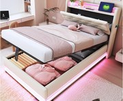 Tapicerowane łóżko dziecięce z pojemnikiem 90x200 cm – z oświetleniem LED – z portem USB – otwierane wezgłowie – len – beżowe