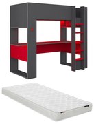 Łóżko z antresolą gamer NOAH, z biurkiem i ze skrzynią – 90 × 200 cm – z oświetleniem LED – kolor antracytowy i czerwony, w zestawie z materacem