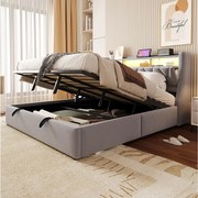 Łóżko tapicerowane ze schowkiem - 180 x 200 cm - hydrauliczne - składany zagłówek ze schowkiem + diody LED - MDF - jasnoszary