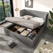 Łóżko z pojemnikiem 160x200 cm - z zagłówkiem, na stelażu - len - szary - bez materaca