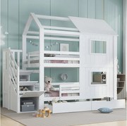 Łóżko piętrowe dla dzieci - 2 x 90 x 200 cm - ze schodkami do przechowywania + 2 szuflady + okna i dach - sosna + MDF + sklejka - białe