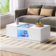 Stolik kawowy z 2 szufladami i 1 przegrodą - 100x50x35,5 cm - oświetlenie LED i panele szklane - biały