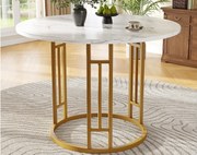 Okrągły stół jadalniany - Metalowa rama - Okleina o wzorze marmuru - Dla 4 osób - MDF - Biały i Złoty