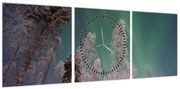 Obraz zorzy polarnej nad zamarzniętymi drzewami (z zegarem) (90x30 cm)