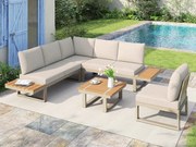 Salon ogrodowy - zestaw mebli - 6 osób - ze stali ocynkowanej - kanapa narożna - ze stolikiem kawowym - blat z tworzywa drewnopodobnego - Beżowy