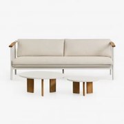 Zestaw Wypoczynkowy Z 3-osobową Sofą W Tkaninie Bouclé I 2 Aluminiowymi Stolikami Kawowymi Yervin Bouclé Kolory Naturalne - Sklum