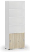Szafa biurowa kombinowana PRIMA WHITE, drzwi przesuwne na 2 poziomach, 800 x 420 x 2128 mm, biały/dąb naturalny