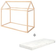 Bambusowe łóżko dziecięce w kształcie domku w naturalnym kolorze z materacem bez stelaża 70x140 cm House Bed – Roba