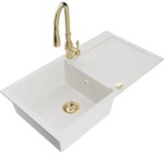 Mexen Leo zlewozmywak granitowy 1-komorowy z ociekaczem i baterią kuchenną Savita, biały - 6501-20-672601-50