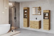 Komplet łazienkowy, wiszące meble z umywalką, 2 słupki i lustro z półkami, dąb artisan mat