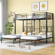 Łóżko piętrowe 3-osobowe 3 x 90 x 200 cm z drabinką i szafką nocną dla dzieci - metalowe - czarne (bez materaca)