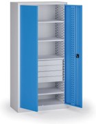 Szafa warsztatowa, 4 półki + 4 szuflady, 1950 × 950 × 500 mm, niebieskie drzwi