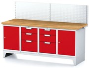 Stół warsztatowy MECHANIC z panelem perforowanym, 2000x685x880 mm, 2x 3 szufladowy kontener, 2x szafka, szara/czerwona