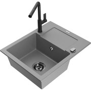 Mexen Enzo zlewozmywak granitowy 1-komorowy z ociekaczem i baterią kuchenną Flora, szary - 6506-71-670401-70-B