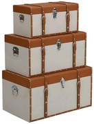 Zestaw 3 kuferków z drewna sosnowego i MDF – pokrycie ze skóry ekologicznej i tkaniny – 3 rozmiary – brązowy i taupe – JACINTO