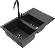 Mexen Gaspar zlewozmywak granitowy 1,5-komorowy z ociekaczem i baterią kuchenną Telma, czarny - 6507-77-670200-70-B