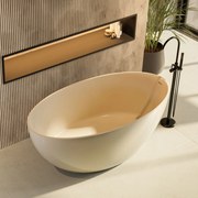 Wanna wolnostojąca owalna beżowa błyszcząca z konglomeratu 160 x 85 cm KALMI BEIGE GLOW z przelewem SLIM cienki rant