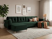 Rozkładana sofa narożna w kształcie U SILVIANO 300x140 cm, ciemnozielona + 2 poduszki GRATIS