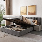 Łóżko tapicerowane z hydraulicznym schowkiem - 160 x 200 cm - z lampką + portem USB - zagłówek wyściełany - aksamit - szary