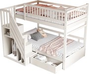 Łóżko piętrowe 90x200cm - z drabinką bezpieczeństwa - z 1 szufladą - z stelażem na listwach - białe (materac nie wliczony)