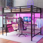 Łóżko piętrowe 140 x 200 cm z biurkiem narożnym, 3 szufladami i półkami - port USB i oświetlenie ambientowe - metalowe - czarne (materac nie jest wliczony w cenę)