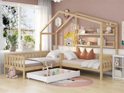 Łóżko 90x200cm + 140x70cm z litego drewna - z szufladami i półkami + stelaż - Naturalne