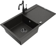 Mexen Leo zlewozmywak granitowy 1-komorowy z ociekaczem i baterią kuchenną Carla, czarny/złoty metalik - 6501-75-670700-70-B