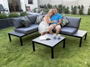 Narożnik Balkonowy Stalowy Stolik Kawowy 2 Sofy z Oparciami Czarny