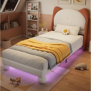 Łóżko dziecięce tapicerowane - 90 x 200 cm - z zagłówkiem w kształcie kocich uszu + diody LED - PU - beżowe