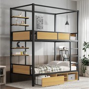 Łóżko piętrowe dla dzieci z żelaza - 2 x 90 x 200 cm - podwójna półka + 1 szuflada + schowek pod łóżkiem - metal - czarny + naturalny