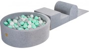 Piankowy Zestaw Do Zabawy Z Suchym Basenem 90x30cm/200 Piłek 7cm, Plac Zabaw Dla Dziecka, 4 Elementy, Welurowy, Jasnoszary, Piłki: Białe, Szare, Miętowe - Meowbaby®