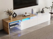 Nowoczesna szafa pod TV 170×33×33,5 cm - z oświetleniem LED - 2 szuflady - półki szklane - wykończenie drewnopodobne - biały + naturalny