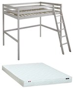 Łóżko antresola GEDEON - 140 × 190 cm - Lite drewno sosnowe - Bielone + materac