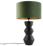 Designerska lampa stołowa czarna z abażurem z czarnego weluru w kolorze zielonym ze złotem 35 cm - Alisia