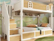 Łóżko piętrowe 90x200cm - Dolne łóżko z miejscem do przechowywania - drabina z pojemnikami - z barierką bezpieczeństwa - Biały + Naturalny