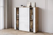Nowoczesny highboard 120 cm z LED – wysoka witryna do salonu z przeszkleniami, korpus dąb wotan fronty biały połysk