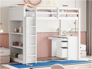 Łóżko mezzanine 90x200 cm - z meblami do przechowywania i biurkiem - z litego drewna - Białe