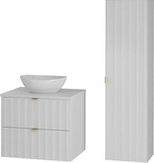 Biały Zestaw Łazienkowy 60cm Szafka z Blatem Umywalka Słupek Ryflowane Fronty Arcos