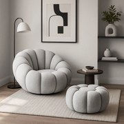 Fotel Wypoczynkowy Obrotowy PETTIT Szary z Pufą w Tkaninie Teddy Boucle